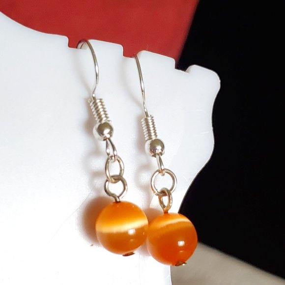 Silver Tone Hook Orange Cat's Eye Bead Earrings - Picture 1 of 3